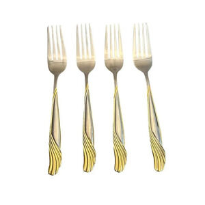 Cambridge Stainless Florentine Set of 4 Dinner Forks Large Silver Gold 7 7/8"